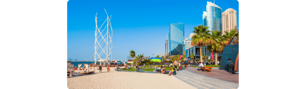 Jumeirah Beach Residence, Strand und Immobilien